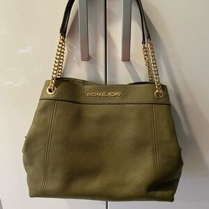 Michael Kors Olive Leather Shoulder Bag with Gold Accents